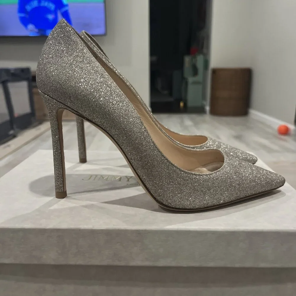 Jimmy Choo Romy 100 Platinum Ice Dusty Glitter Pointy Toe Pumps - Picture 2 of 8